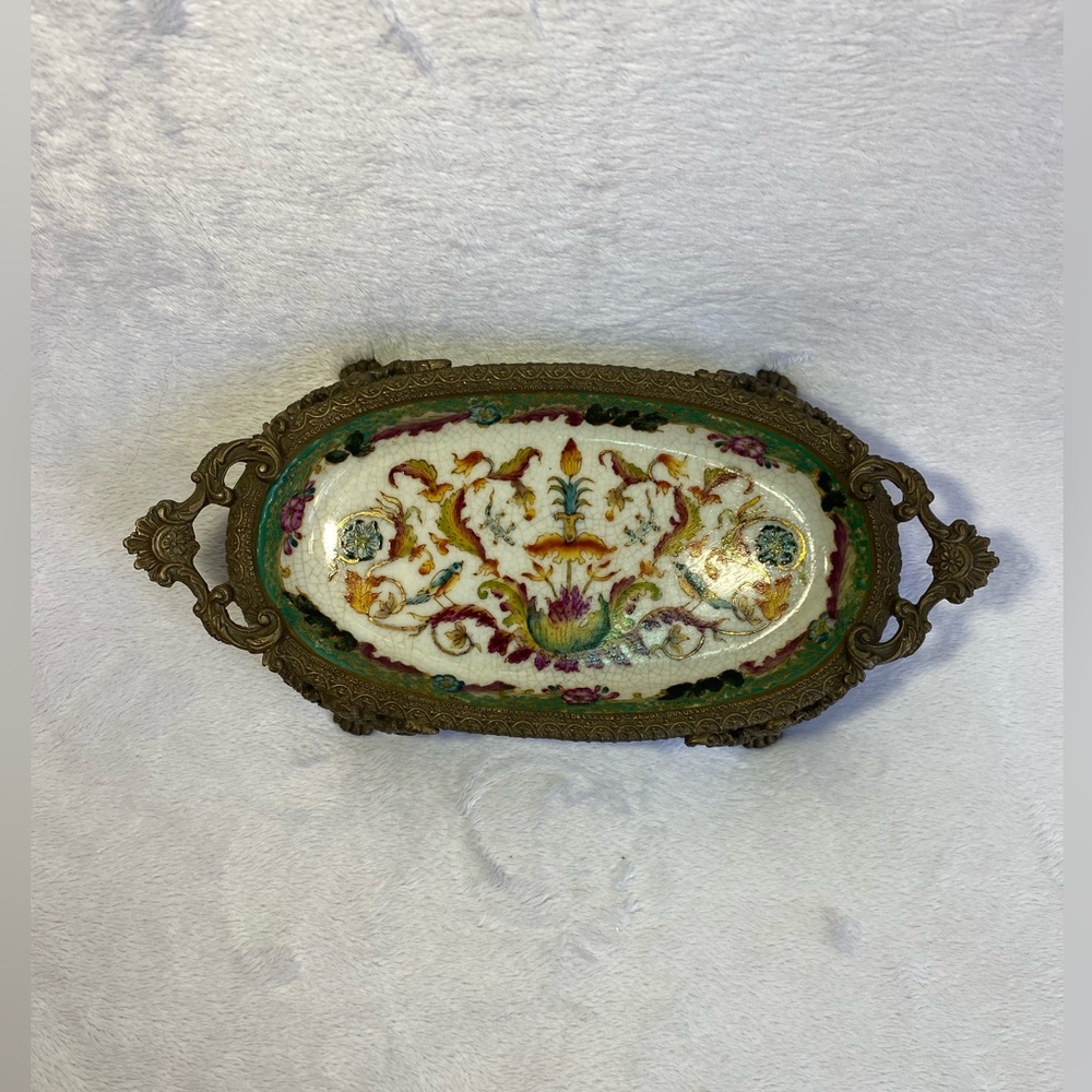 Antique Hua Rong Tang Zhi Porcelain & Ornate Bronze Footed Floral Tray 8” - Picture 1 of 9
